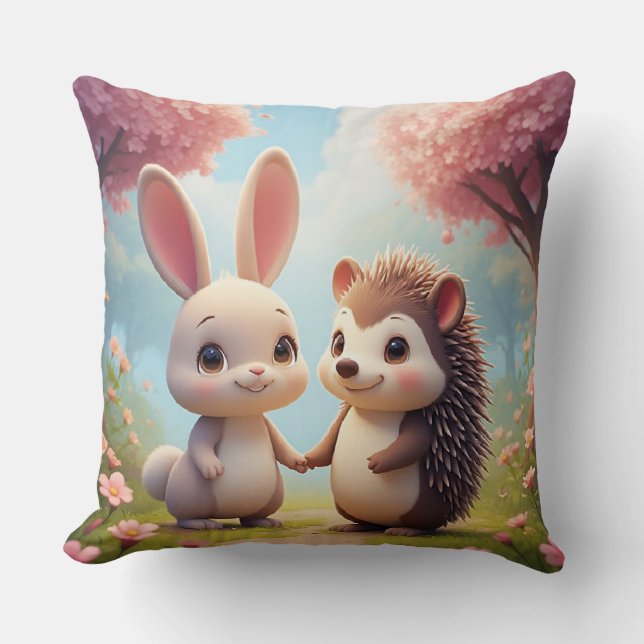 Cute Bunny And Hedgehog Holding Hands Cushion (Front)