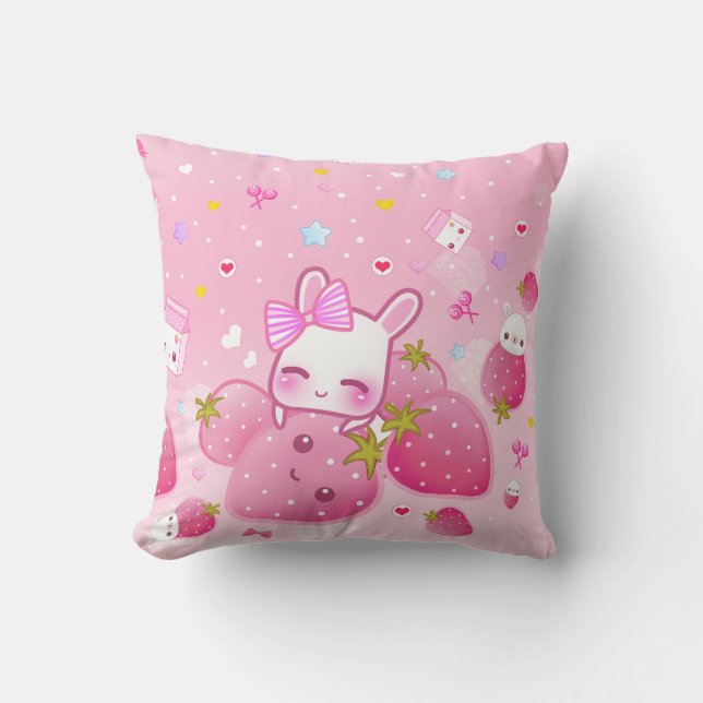 Cute bunny and kawaii strawberries cushion (Front)