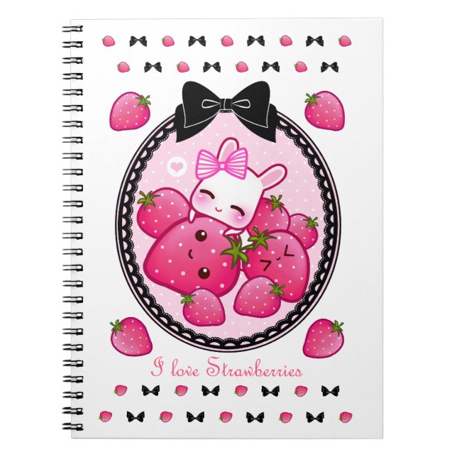 Cute bunny and kawaii strawberries spiral notebook (Front)