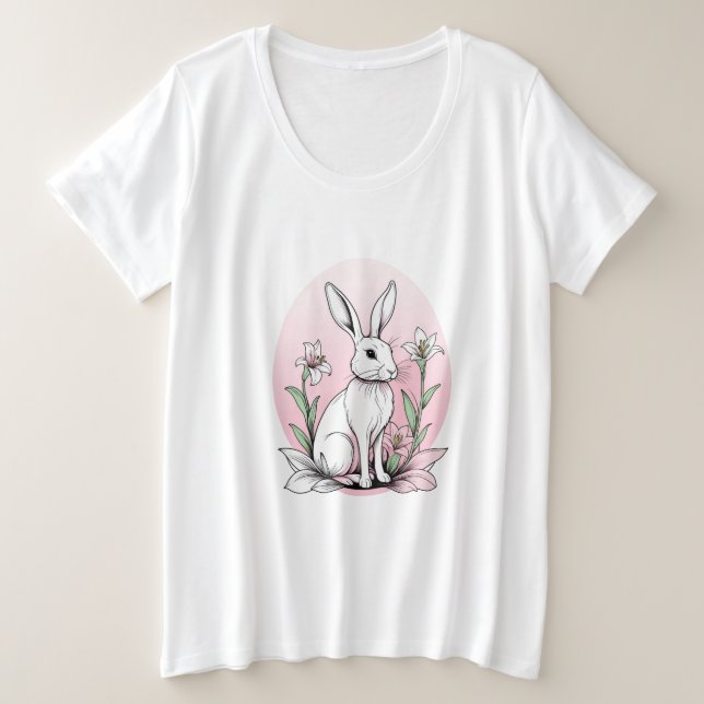 Cute Bunny and Lilies Plus Size T-Shirt (Design Front)