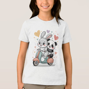 Cute Bunny and Panda Couple on Retro Scooter Art Tri-Blend Shirt