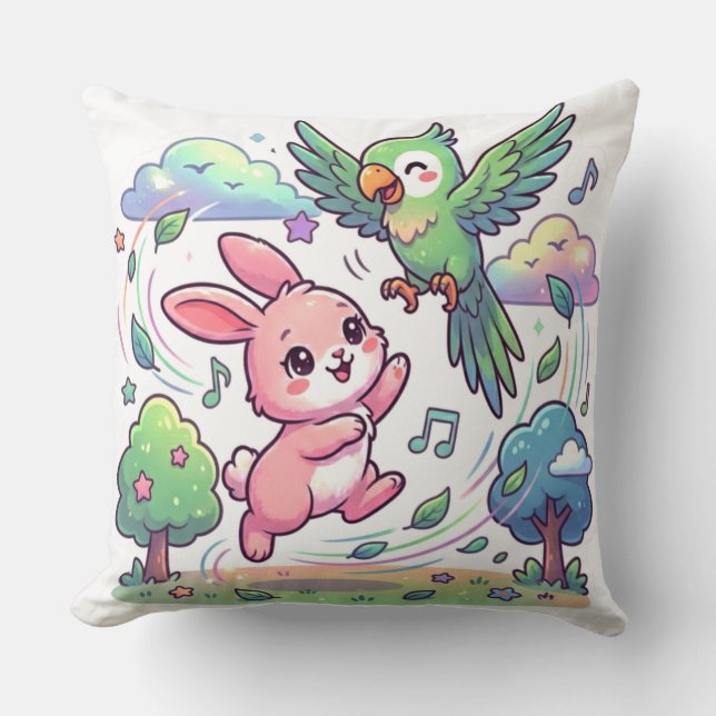 Cute Bunny and Parrot Playing Sticker |  Cushion (Front)