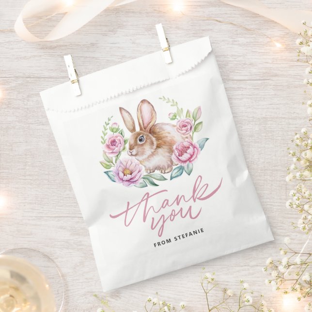 Cute Bunny and Pink Flowers Baby Shower Thank You Favour Bags (Clipped)