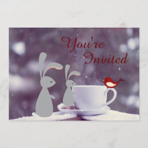 Cute Bunny and Tea Cup in Snow 1st Birthday Invitation