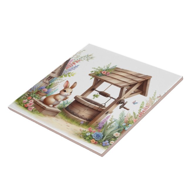 Cute bunny and well Country  Tile (Side)