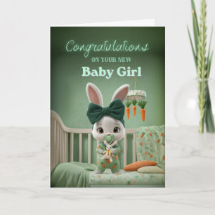 Cute Bunny Baby in Green Congrats on New Baby Girl Card