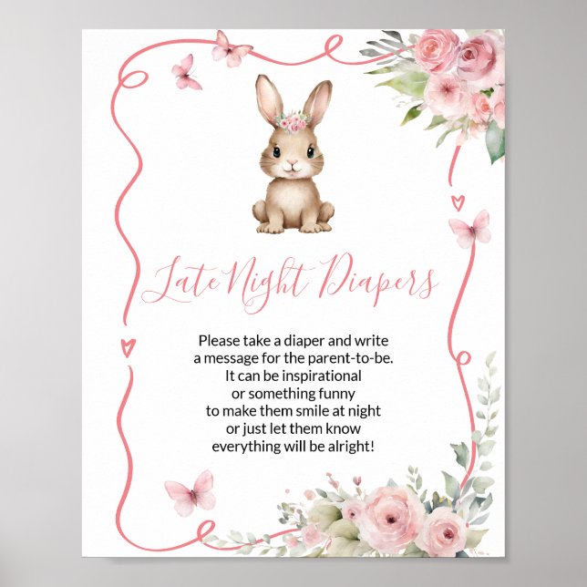 Cute Bunny Baby Shower Girl Late Night Diapers Poster (Front)