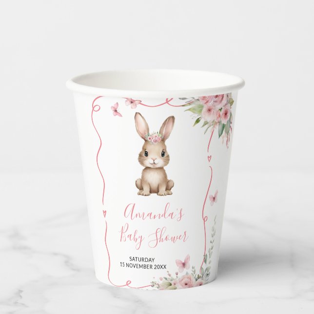 Cute Bunny Baby Shower Girl Pink Floral Paper Cups (Front)