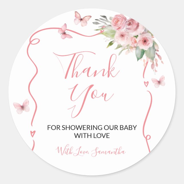 Cute Bunny Baby Shower Girl Pink Floral Thank You Classic Round Sticker (Front)