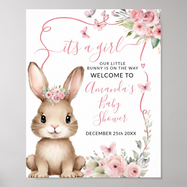 Cute Bunny Baby Shower Girl Pink Floral Welcome Poster (Front)