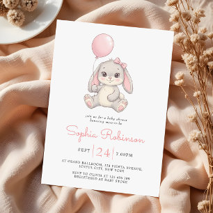 Cute Bunny Balloon Blush Pink Girls Baby Shower Invitation