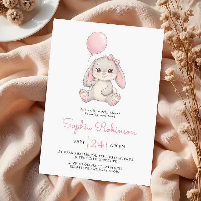 Cute Bunny Balloon Blush Pink Girls Baby Shower Invitation (Creator Uploaded)