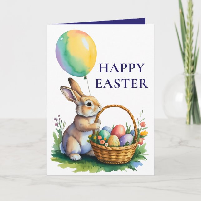 Cute Bunny Balloon Easter Eggs Holiday Card (Front)