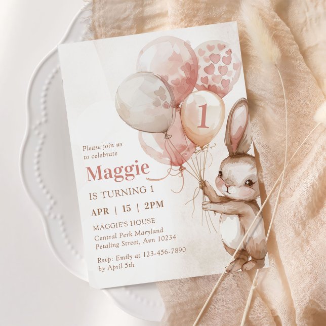 Cute Bunny Balloon Easter Spring 1st Birthday Invitation (Creator Uploaded)