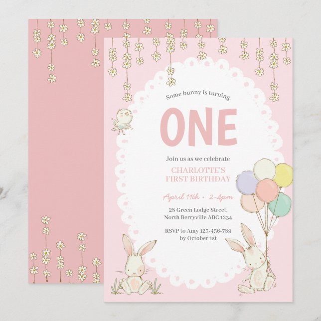Cute Bunny Balloons Birthday Invitation (Front/Back)