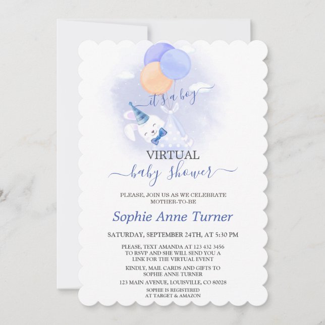 Cute Bunny Balloons Boy Virtual Baby Shower Invitation (Front)