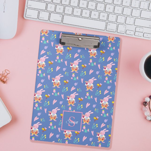 Cute Bunny & Bee Garden Pattern Blue Monogram Clipboard (Creator Uploaded)