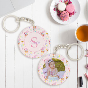 Cute Bunny Bee Pattern Monogram Name Pink  Key Ring