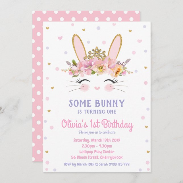 Cute Bunny Birthday Invitations Girls Rabbit (Front/Back)