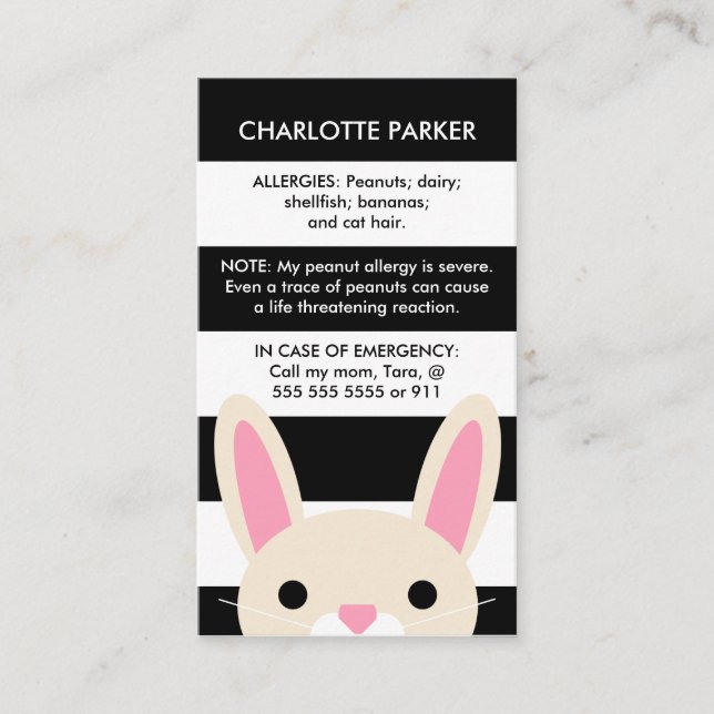 Cute Bunny Black Stripes Kids Allergy Card (Front)