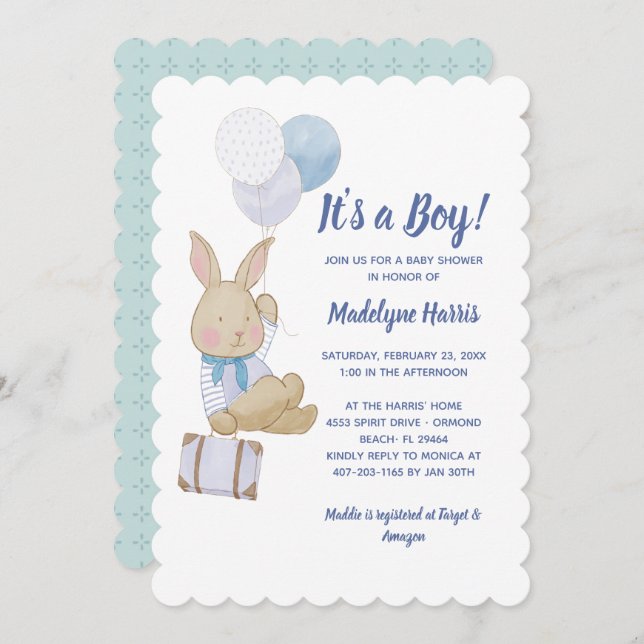 Cute Bunny Blue Balloons Its a Boy Baby Shower Invitation (Front/Back)