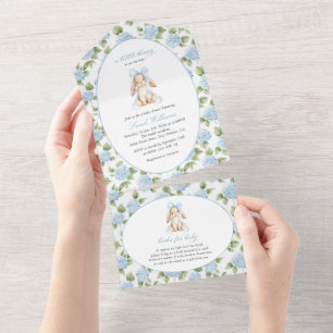 Cute Bunny, Blue Bow, Blue Flowers, Baby Shower All In One Invitation