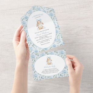 Cute Bunny, Blue Bow, Blue Flowers, Baby Shower All In One Invitation
