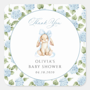Cute Bunny, Blue Bow, Blue Flowers, Baby Shower Square Sticker