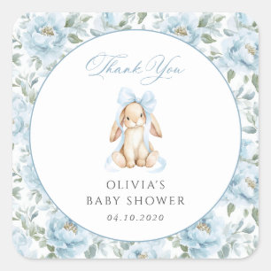 Cute Bunny, Blue Bow, Blue Flowers, Baby Shower Square Sticker