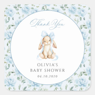 Cute Bunny, Blue Bow, Blue Flowers, Baby Shower Square Sticker