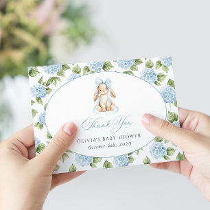 Cute Bunny, Blue Bow, Blue Flowers, Baby Shower Thank You Card