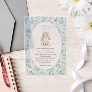 Cute Bunny, Blue Bow, Blue Flowers, Baby Shower Vellum Invitations