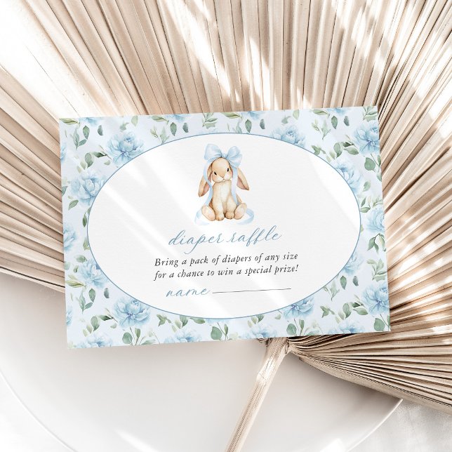 Cute Bunny, Blue Bow, Blue Flowers, Diaper Raffle Enclosure Card (Creator Uploaded)