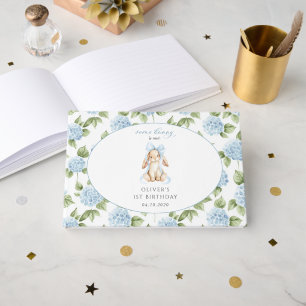 Cute Bunny, Blue Bow, Blue Flowers, First Birthday Guest Book