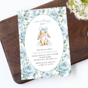 Cute Bunny, Blue Bow, Blue Flowers, First Birthday Invitation