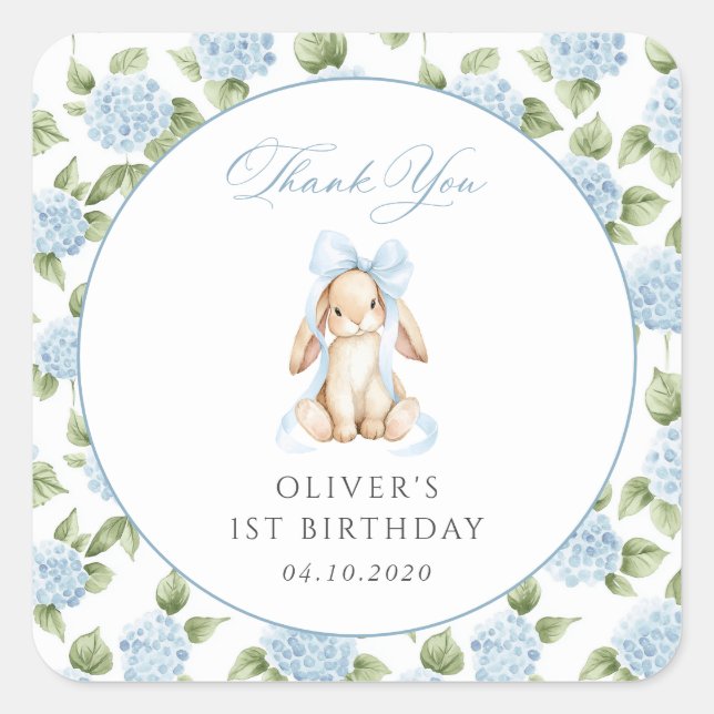 Cute Bunny, Blue Bow, Blue Flowers, First Birthday Square Sticker (Front)