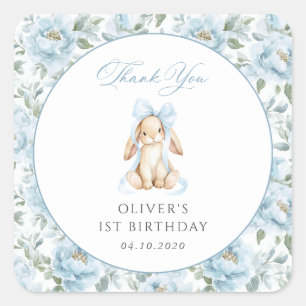 Cute Bunny, Blue Bow, Blue Flowers, First Birthday Square Sticker