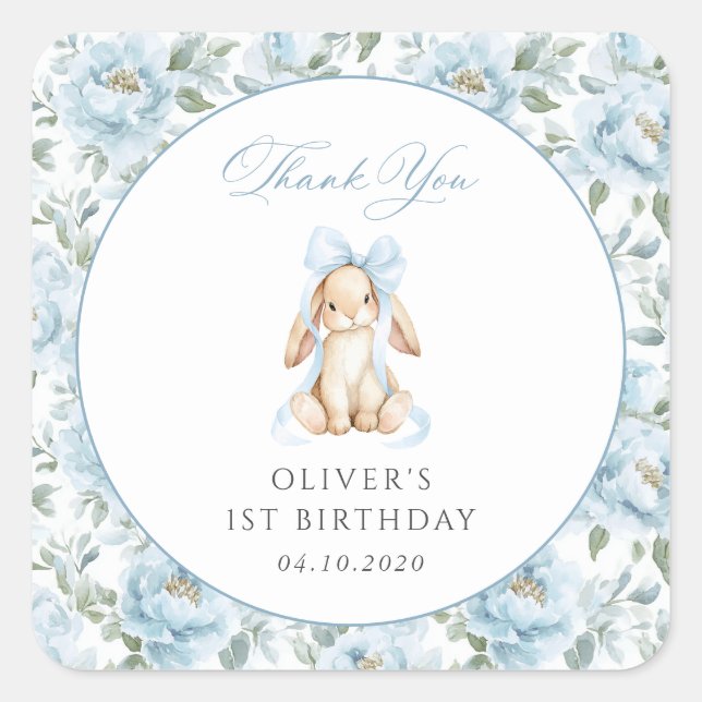 Cute Bunny, Blue Bow, Blue Flowers, First Birthday Square Sticker (Front)