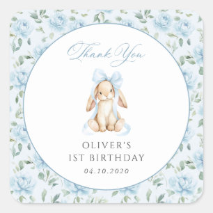 Cute Bunny, Blue Bow, Blue Flowers, First Birthday Square Sticker