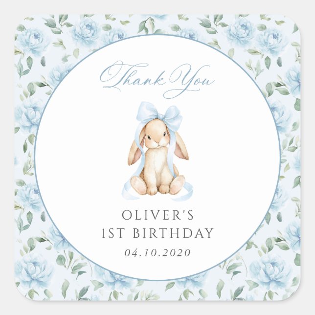 Cute Bunny, Blue Bow, Blue Flowers, First Birthday Square Sticker (Front)