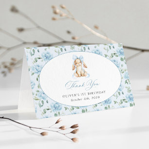 Cute Bunny, Blue Bow, Blue Flowers, First Birthday Thank You Card