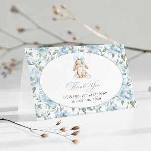 Cute Bunny, Blue Bow, Blue Flowers, First Birthday Thank You Card
