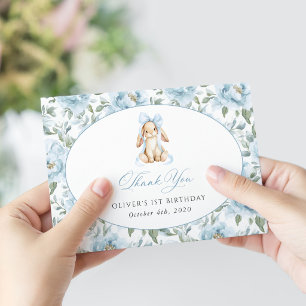 Cute Bunny, Blue Bow, Blue Flowers, First Birthday Thank You Card