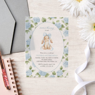 Cute Bunny, Blue Bow, Blue Flowers, First Birthday Vellum Invitations