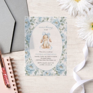 Cute Bunny, Blue Bow, Blue Flowers, First Birthday Vellum Invitations