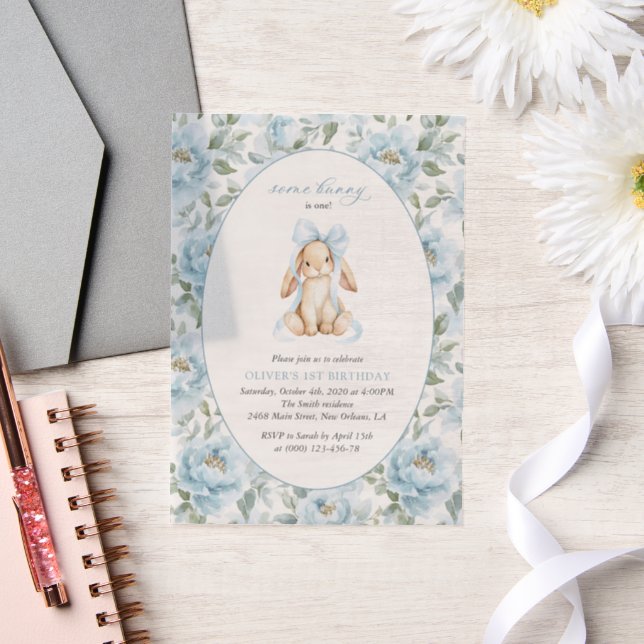 Cute Bunny, Blue Bow, Blue Flowers, First Birthday Vellum Invitations (Wedding)
