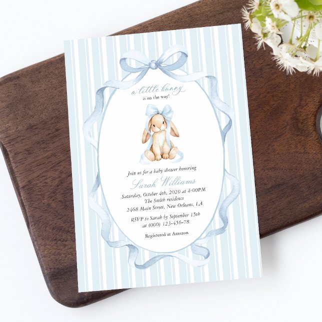 Cute Bunny, Blue Bow, Blue Stripes, Baby Shower Invitation (Creator Uploaded)