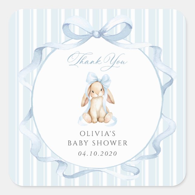 Cute Bunny, Blue Bow, Blue Stripes, Baby Shower Square Sticker (Front)