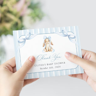 Cute Bunny, Blue Bow, Blue Stripes, Baby Shower Thank You Card