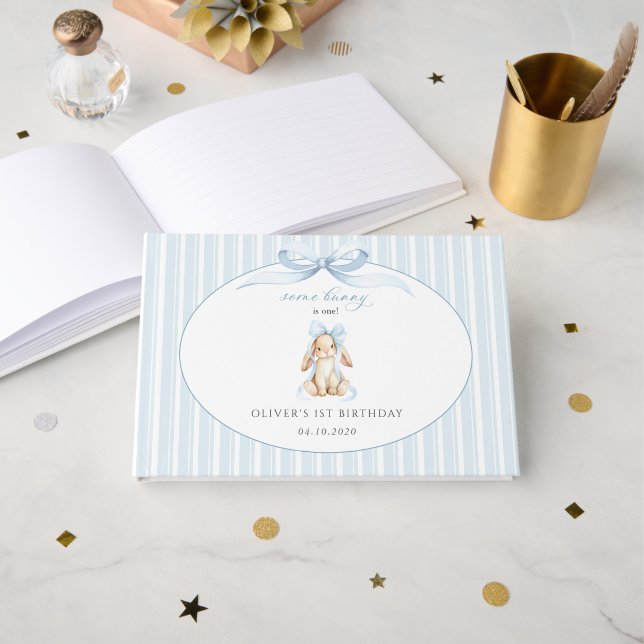 Cute Bunny, Blue Bow, Blue Stripes, First Birthday Guest Book (Front Open)